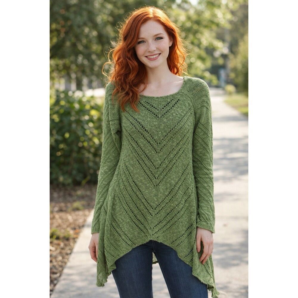 Soft Surroundings Crochet Asymmetric Open Knit Sweater Forest Fairy Boho Green S